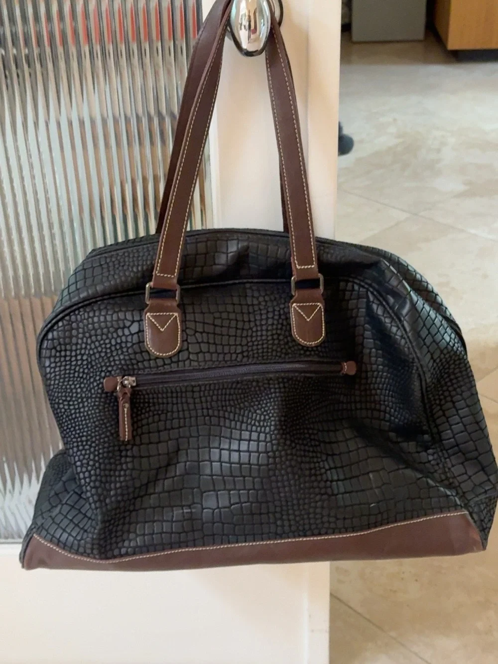 BRIC’S Italy Croc Embossed Weekender Duffle Travel Bag Leather Trim Black Brown